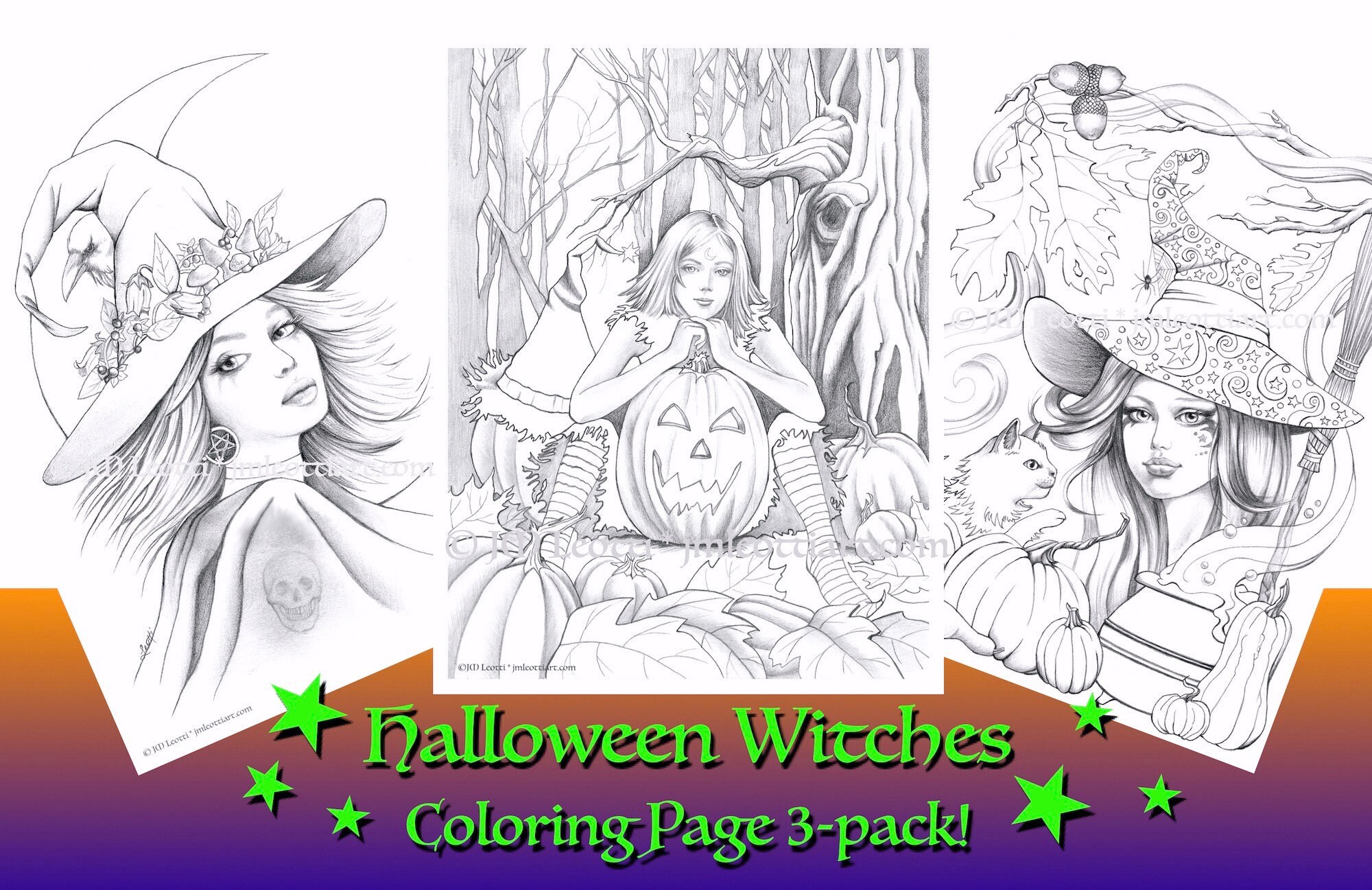 Halloween Witches Adult Coloring Page Set Grayscale Instant | Etsy