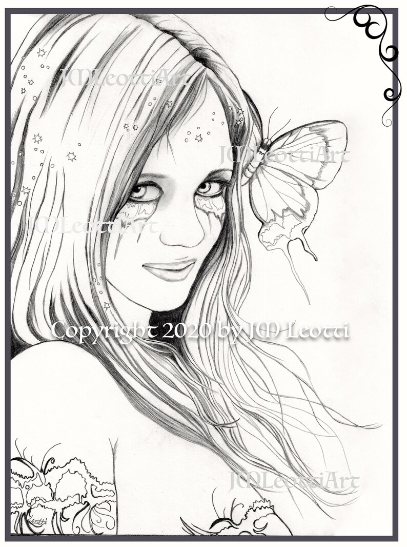 Butterfly Fairy Adult Coloring Page Instant Jpeg PDF Grayscale | Etsy