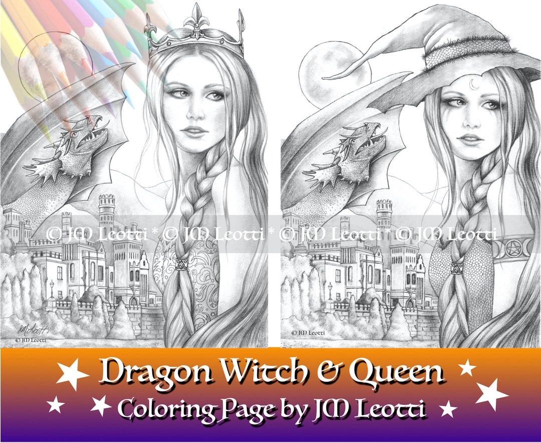 Dragon Witch and Queen Halloween Adult Grayscale Coloring Page - Etsy