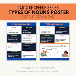 Tipi di sostantivi, Serie di parti del discorso, Identificazione dei tipi di sostantivi, Poster sui sostantivi, Poster sulla grammatica, Poster sui sostantivi homeschool