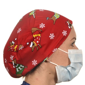 Theatre Scrub Hats Red Christmas Sausage dog Print Surgeon Medical Doctor's ODP Anaesthetist Nurses Midwife Vets Dentist Unisex