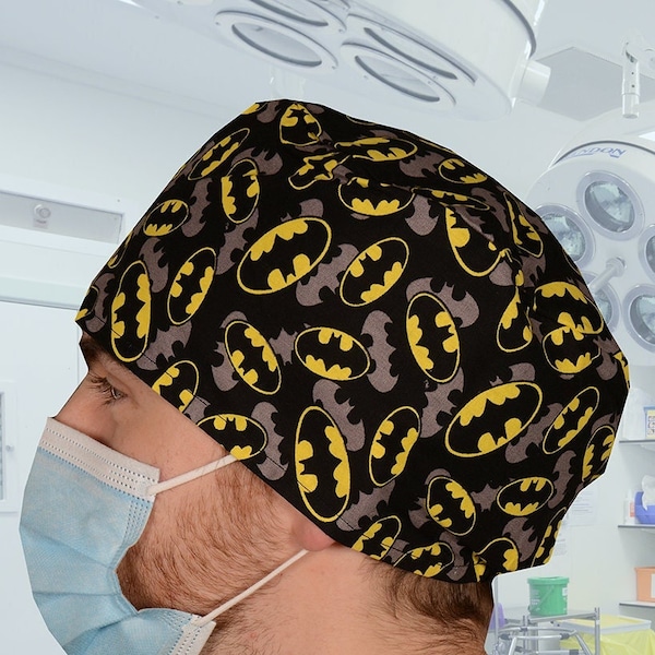 Theatre scrub hats Caps Batman /Superhero Print Surgeon Medical Doctors Nurses Midwife ODP Anaesthetist Dentist Vet Cook Unisex