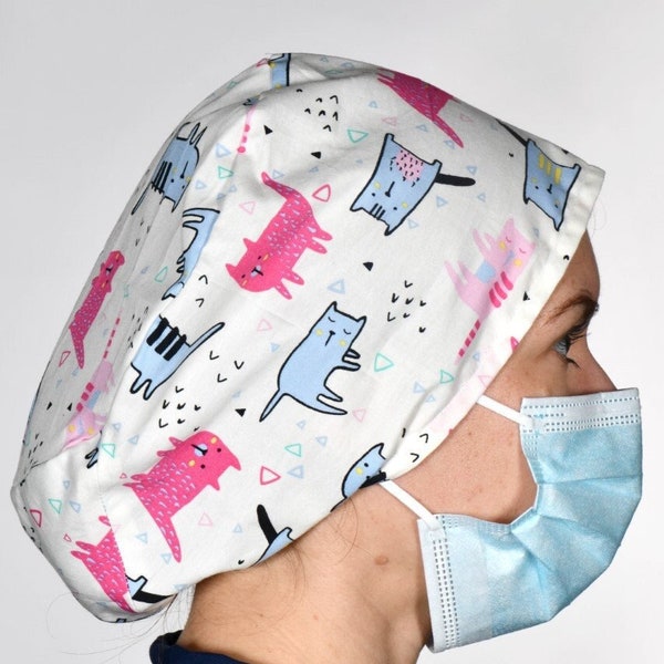 Theatre Surgical Scrub Hats Caps Crazy Pussy Cat Kitten Print Medical Surgeon ODP Doctors Anaesthetist Nurses Midwives Vets Cook Dentist