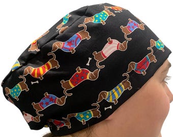 Sausage daschound Dog Print Scrub Hat: Tieback Medical Cap