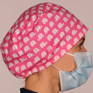 Theatre Scrub Hat Caps pink and white  Elephant Print Surgeon Medical ODP Doctors Anaesthetist Nurses Midwife Cook Vet dentist Unisex