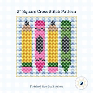 May include: A cross-stitch pattern featuring four colorful pencils. The pencils are yellow, pink, and green, with brown and black details. The finished size is 3 x 3 inches.