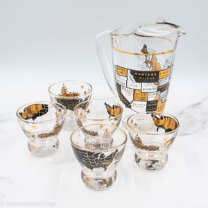 Gold and Black Map of the USA Bar Set with Pitcher and Cocktail Glasses - Vintage