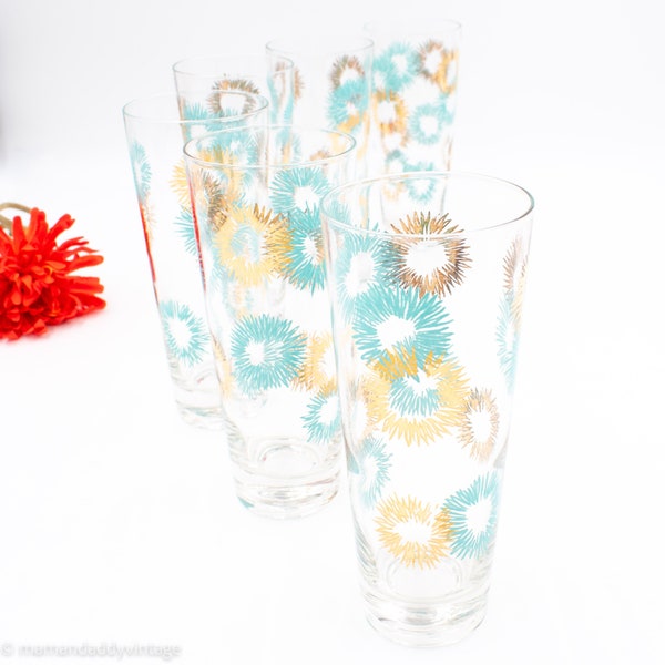 Gold and Teal Starburst Zombie/Collins Tall Cocktail Glasses - set of 6