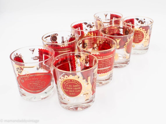 Vintage Barware Glasses Drink Recipes Red Gold MCM Cocktail Mid Century- Set  8