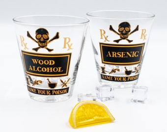 Name Your Poison Wood Alcohol & Arsenic Double Rocks Glasses - Georges Briard - set of 2