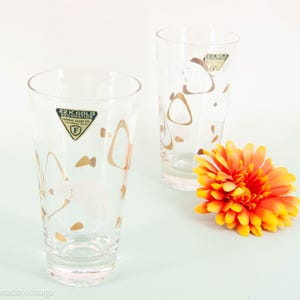 White and Gold Amoeba Tapered Highball Glasses with Original Stickers - Federal Glass