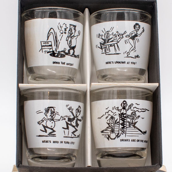 Anchor Hocking Jolly Jiggers Shot Glasses in original box - Set of 4