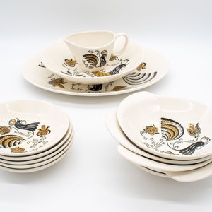 Royal China Dinner Set in Good Morning Pattern. Serving bowl. Oval platter. Creamer/gravy boat. Berry bowls. Cereal bowls