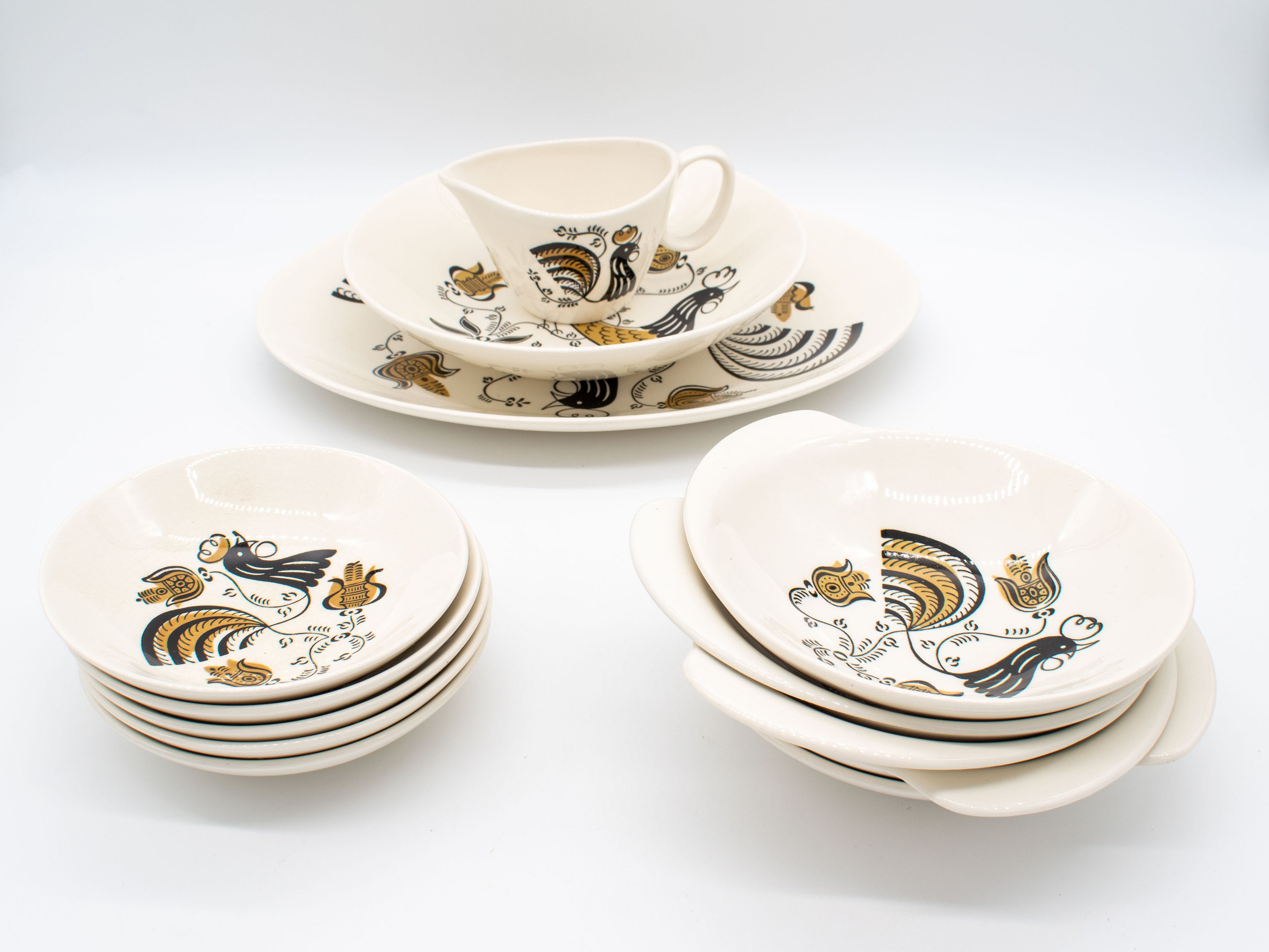 Royal China Dinner Set in Good Morning Pattern. Serving bowl. Oval platter. Creamer/gravy boat. Berry bowls. Cereal bowls