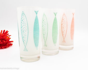 Fred Press Double Highball Fish Glasses in White with Teal, Red, and Green - set of 3