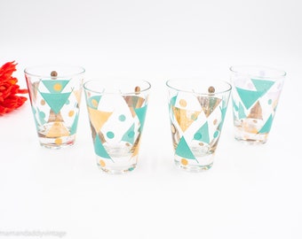 Gay Fad  Time and Tide Cocktail Glasses - Teal and Gold Triangles - set of 4