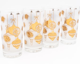 William Meier Christmas Highball Glasses in White With Gold Ornaments and Stars - Set of 4