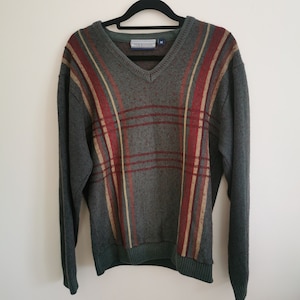 Vintage Muster Tom Hanson Strickpullover M Grandad Funky Pullover V-Ausschnitt