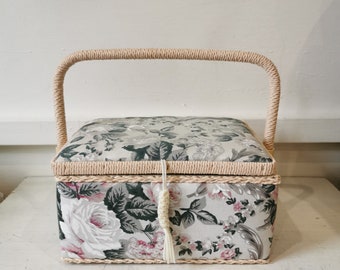Vintage Padded Floral Patterned Sewing Basket Box with Vintage Contents