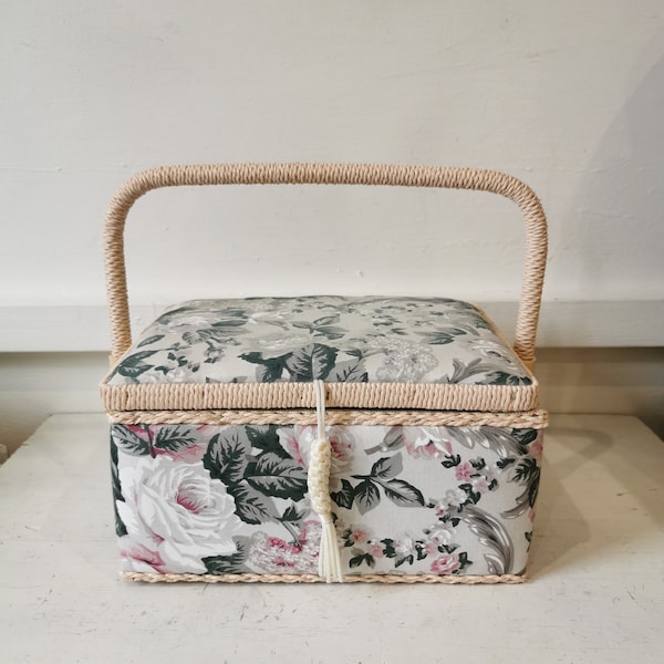 Vintage Padded Floral Patterned Sewing Basket Box with Vintage Contents