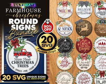 May include: A set of 20 farmhouse Christmas round signs with various designs, including "Welcome", "Believe", "Joy to the World", "All is Calm All is Bright", "Merry Christmas", and "O Holy Night".