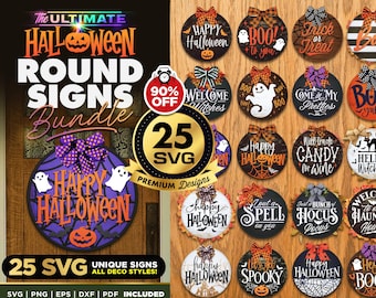 Paquete de 25 letreros de Halloween para puerta: SVG, PNG y PDF espeluznantes