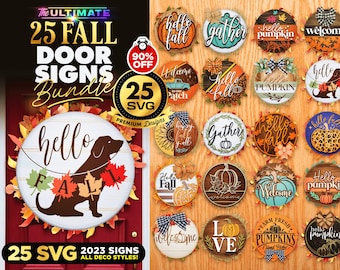 Lot de 25 plaques SVG pour porte d'automne : motifs de bienvenue automnaux (téléchargement numérique)