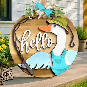 Ganso pescador, colgador de puerta, archivo SVG cortado a láser, letrero divertido para porche, archivo láser Xtool Glowforge, colgador de puerta de ganso