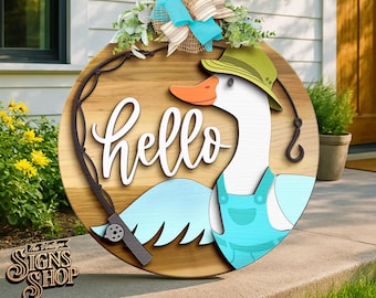 Fisherman Goose Door Hanger SVG: Funny Porch Sign Laser Cut File