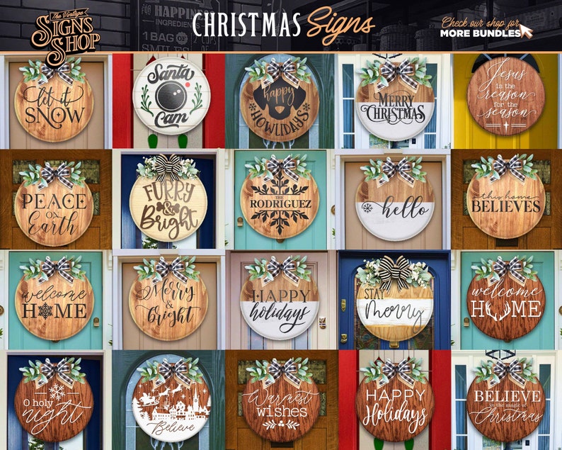 K&ouml;nnte beinhalten: Eine Sammlung von 18 runden Holzschildern mit verschiedenen weihnachtlichen Designs. Die Schilder zeigen S&auml;tze wie "Let it Snow", "Peace on Earth", "Merry & Bright", "Happy Holidays" und "Believe in Christmas".