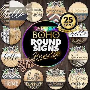 25 colgadores de puerta bohemios SVG, paquete de los más vendidos de letreros de bienvenida para porche, geométricos, letreros de bienvenida, diseños cortados con láser, proyectos de Cricut