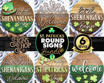 Peut inclure: Six panneaux ronds en bois sur le thème de la Saint-Patrick. Les panneaux présentent des trèfles verts, le texte "Let the Shenanigans Begin", "Welcome", "Happy St. Patrick's Day", et "Shenanigans Welcome".