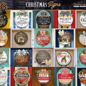 K&ouml;nnte beinhalten: Eine Sammlung von 16 runden Weihnachts-Schildern aus Holz mit verschiedenen festlichen Designs und Spr&uuml;chen. Die Schilder zeigen Themen wie "Frohe Weihnachten", "Zuhause", "Glaube an die Magie von Weihnachten" und "Willkommen in unserem Winterwunderland".