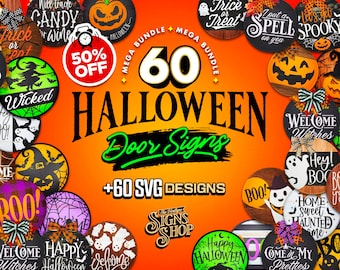 60 Türschilder Halloween MEGA Bundle | Bestseller | SVG Halloween Veranda Zeichen | Gruselige SVG-Zeichen