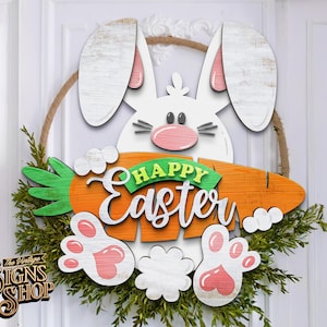File laser SVG per appendino porta coniglietto di Pasqua felice / File di taglio laser Glowforge / Cartello di benvenuto