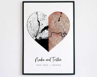 Custom Dual Heart Map Framed Print | Anniversary Gift  | Wedding Present | Personalised Long Distance Relationship Gift | Valentines Day
