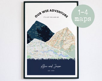 Custom Couples Travel Map Framed Print | Anniversary Gift | Wedding Present | Mountain Wall Art | Travel Map Art | Memories | For Wife