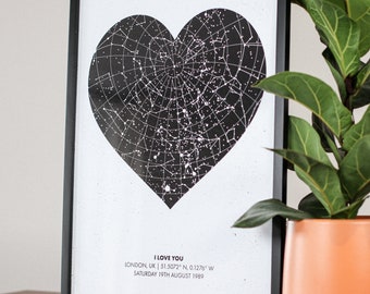 Personalised Star Map Heart Framed Print | 100% accurate | Custom Star Map By Date & Time | Anniversary Gift | Wall Art | Wedding Present