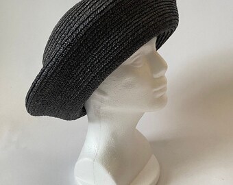 Eric Javits Black Straw Wicker Hat Vintage Edwardian 1990s 90s 21.5”