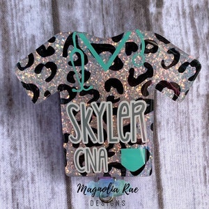 Customized Snow Leopard Scrub Top Badge Reel - Personalized Name Nurse Badge Reel - Cute Medical Tech Badge Holder