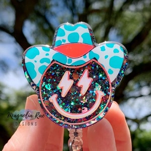 Happy Cowgirl Badge Reel - Cute Cowboy Nurse ID Name Holder - Medical Tech Holographic Glitter Retractable Badge