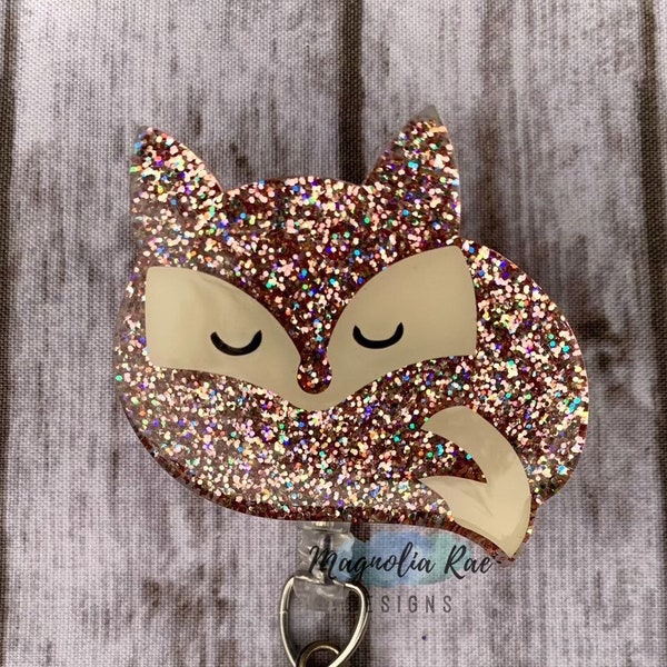 Rose Gold Fox Badge Reel - Cute Nurse ID Badge Holder - Whimsical Medical Tech Badge Reel - Retractable Animal Glitter Badge