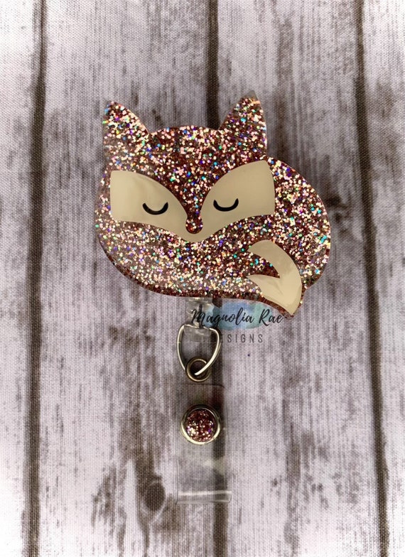 Rose Gold Fox Badge Reel - Cute Nurse ID Badge Holder - Whimsical Medical  Tech Badge Reel - Retractable Animal Glitter Badge