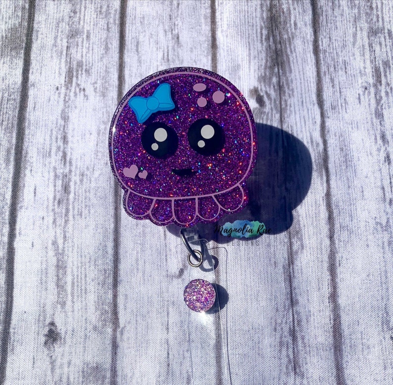Marine Life Badge Holder Octopus Badge Reel Cute Purple Octopus Jellyfish Nurse Badge Reel Glitter Nurse Badge Holder