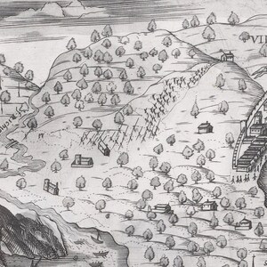 May include: A black and white engraving depicting a landscape with a river, trees, and a village labeled 'VILLA FRACA'.