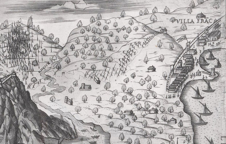 May include: A black and white engraving depicting a landscape with a river, trees, and a village labeled 'VILLA FRACA'.
