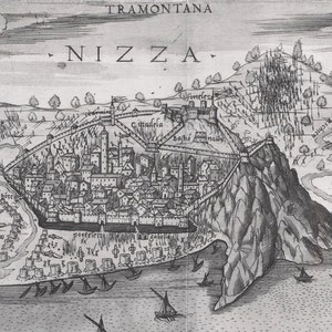 May include: A black and white engraving of the city of Nice, France. The engraving shows the city's fortifications, buildings, and surrounding landscape. The text 'TRAMONTANA' and 'NIZZA' are visible at the top of the engraving.