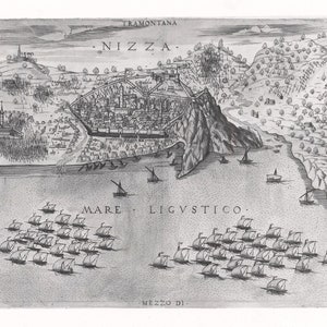 May include: A black and white engraving of a map of the city of Nice, France. The map shows the city's layout, including its streets, buildings, and surrounding landscape. The text on the map reads 'NIZZA', 'MARE LIGVSTICO', 'TRAMONTANA', 'PONENTE', 'MEZZO DI', 'LEVANTE', and 'VILLA TRAC'. The map is surrounded by a border.