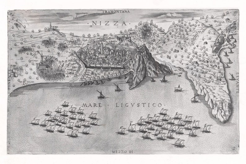 May include: A black and white engraving of a map of the city of Nice, France. The map shows the city's layout, including its streets, buildings, and surrounding landscape. The text on the map reads 'NIZZA', 'MARE LIGVSTICO', 'TRAMONTANA', 'PONENTE', 'MEZZO DI', 'LEVANTE', and 'VILLA TRAC'. The map is surrounded by a border.