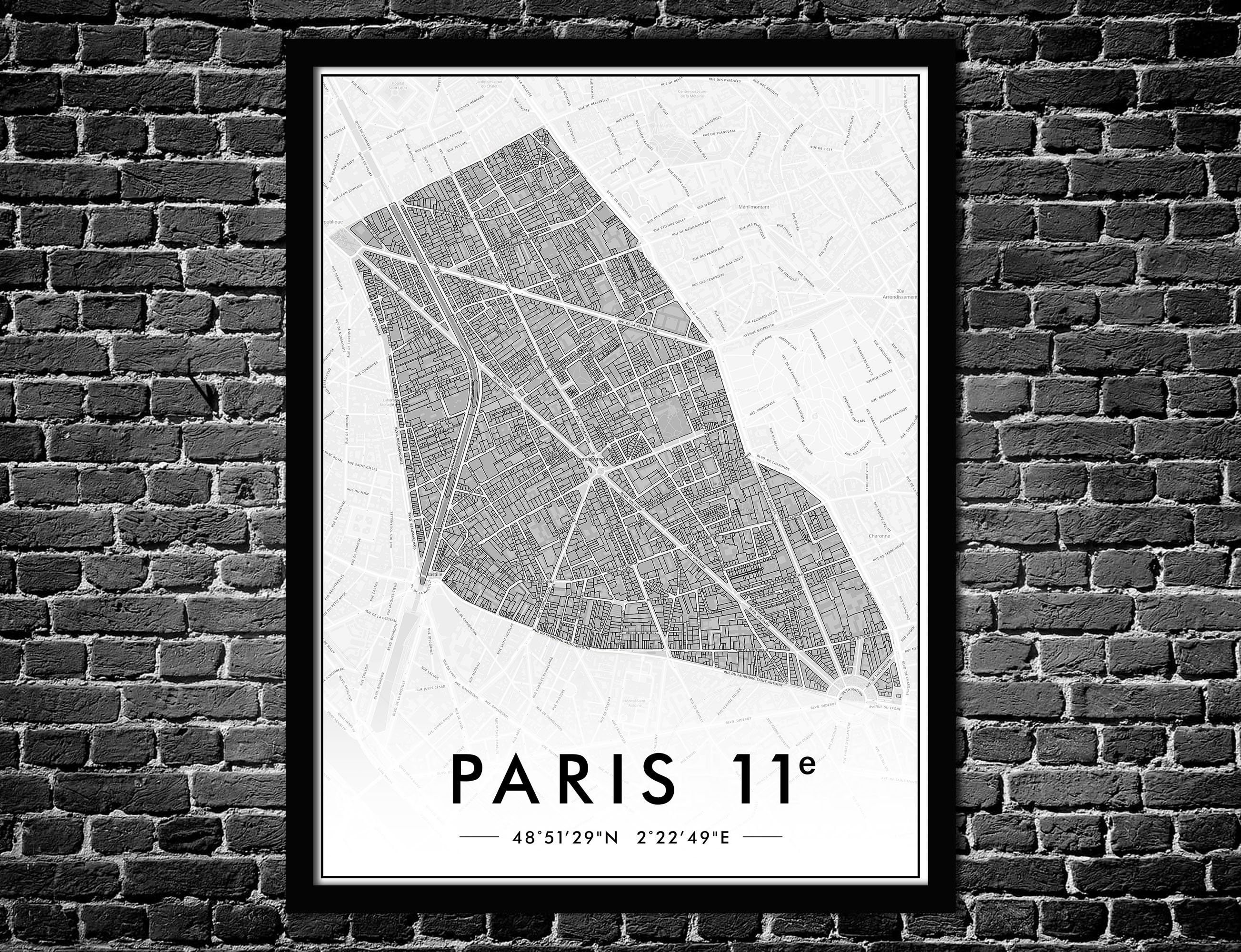 Affiche Paris 11Ème Arrondissement | Décoration Murale Plan de Ville Poster Original 75011 Livraison